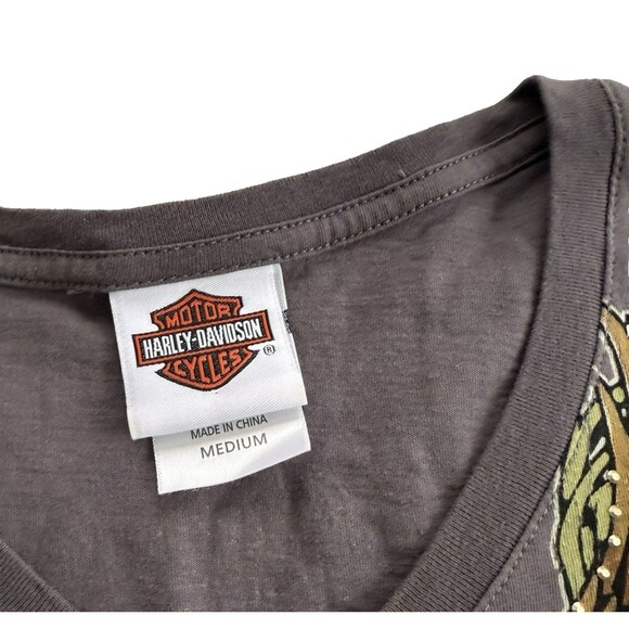 Harley Davidson Shirt Womens Sz M Long Sleeve V Neck Eagle Roses Cancun Bling - Picture 5 of 9